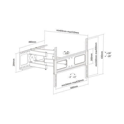 SECOMP VALUE 17.99.1205 - Kit de Fijación para Montaje en Pared para TV LED/LCD/Plasma de 94 a 178 cm (37"-70"), Inclinación -20 a 10 grados, Giro -60 a 60 grados, Acero Negro