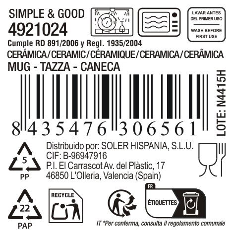 Inde Mug Jumbo 380cc "Simple&Good" Md ø8.2x11cm (16 Unidades)
