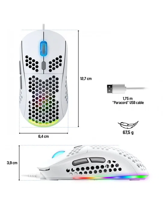 Spirit of Gamer PRO-M4 ARTIC Ratón de Juego Óptico para Mano Derecha, Blanco, 12800 DPI, 6 Botones, USB Tipo A, Cable 1.75m