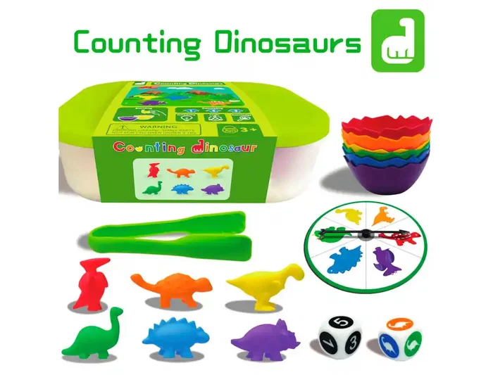 Amaya Juego Didáctico de Clasificación y Conteo de Dinosaurios +3 Años, 72 Piezas, 6 Tipos, Incluye Pinza, Vasos, Dados, Tarjetas y Caja, Aprendizaje por Color y Especie