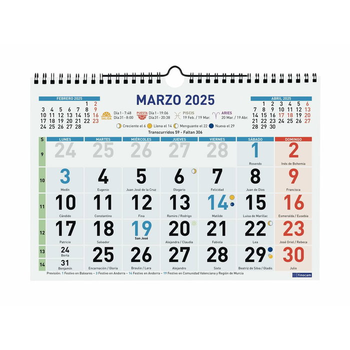 Finocam Calendario de Pared 2025 con Números Grandes 300x210 mm Finocam Calendario de Pared 2025 con Números Grandes 300x210 mm