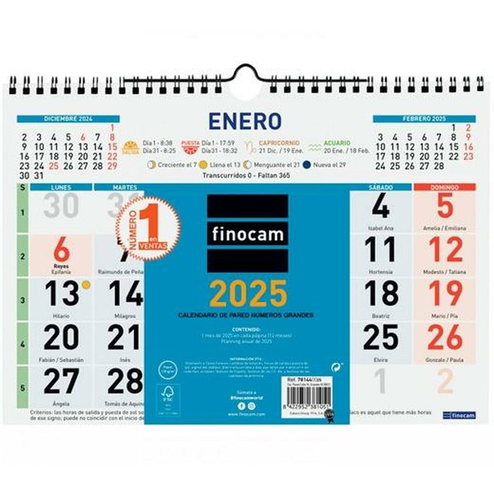 Finocam Calendario de Pared 2025 con Números Grandes 300x210 mm Finocam Calendario de Pared 2025 con Números Grandes 300x210 mm