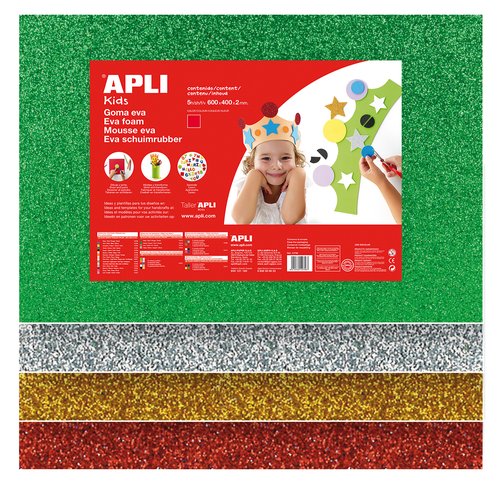 APLI Goma EVA con Purpurina 40x60 cm 5 hojas (Oro, Plata, Verde, Azul y Rojo) APLI Goma EVA con Purpurina 40x60 cm 5 hojas (Oro, Plata, Verde, Azul y Rojo)