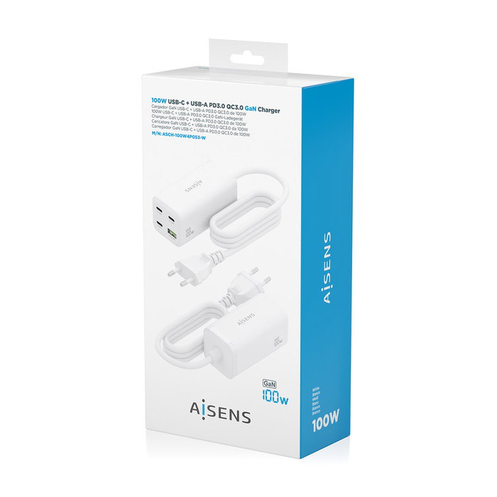 Aisens Cargador Sobremesa GaN 100W 3xUSB-C y 1xUSB-A Blanco