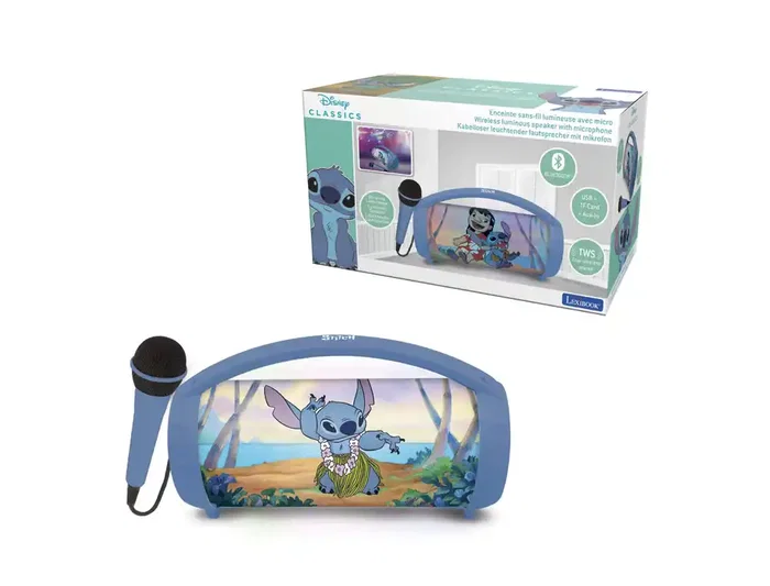 Lexibook Altavoz Bluetooth 5.0 con Luz Stitch, Micrófono, USB, TWS, Karaoke, Batería Recargable