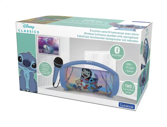 Lexibook Altavoz Bluetooth 5.0 con Luz Stitch, Micrófono, USB, TWS, Karaoke, Batería Recargable