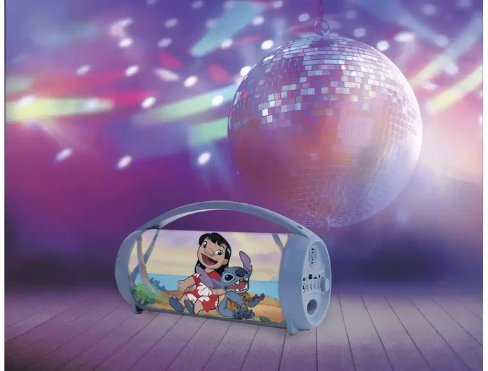 Lexibook Altavoz Bluetooth 5.0 con Luz Stitch, Micrófono, USB, TWS, Karaoke, Batería Recargable