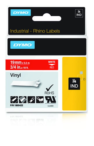 Dymo Cinta de Etiquetas Industrial Rhino Vinilo 19mm x 5,5m Blanco sobre Rojo