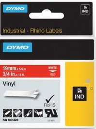 DYMO Rhino Cinta de Etiquetas Industrial ID1-19, Adhesiva de Vinilo, Blanco sobre Rojo, 19 mm x 5.5 m