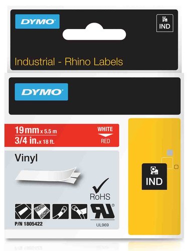 Dymo Cinta de Etiquetas Rhino Vinilo Blanco sobre Rojo 19mm x 5,5m