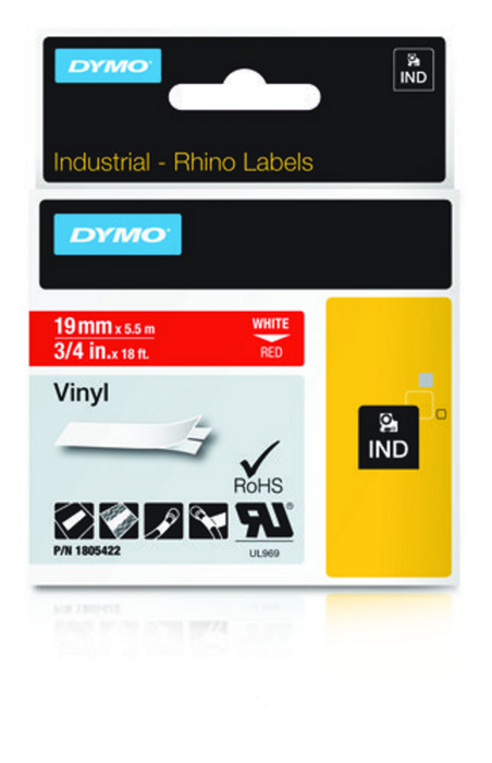 Dymo Cinta de Etiquetas Rhino Vinilo Blanco sobre Rojo 19mm x 5,5m