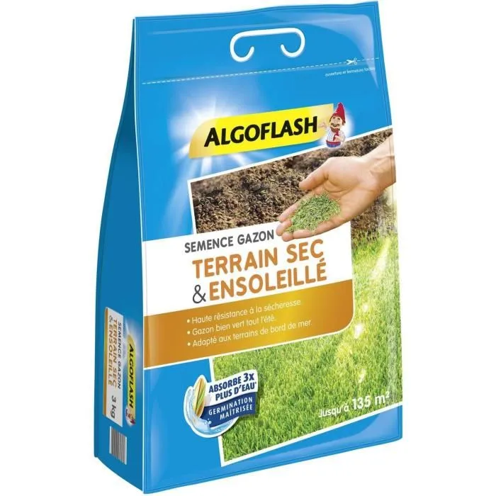Algoflash Naturasol Semillas de Césped Dry Sunny Ground para Zonas Secas y Soleadas, Ahorra Agua, Raíces Profundas, 3 kg