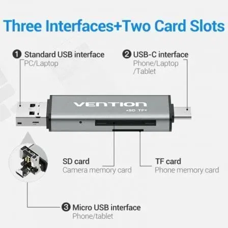 Vention CCJH0 Lector de Tarjetas Externo USB 2.0 para TF/SD hasta 256GB