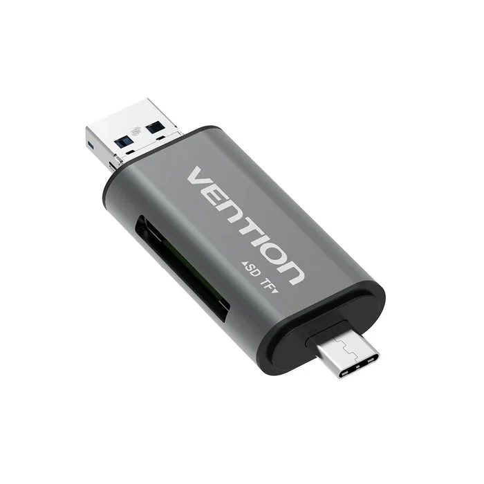 Vention CCJH0 Lector de tarjetas externo USB 2.0 para MicroSD y SD, Aluminio Gris, con interfaz USB Type-A/Type-C/Micro-USB, 480 Mbit/s