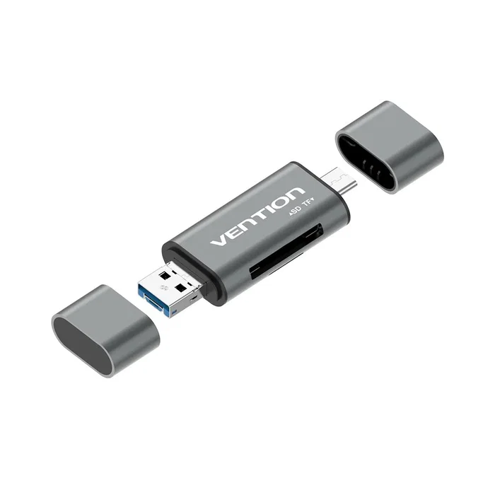 Vention CCJH0 Lector de tarjetas externo USB 2.0 para MicroSD y SD, Aluminio Gris, con interfaz USB Type-A/Type-C/Micro-USB, 480 Mbit/s