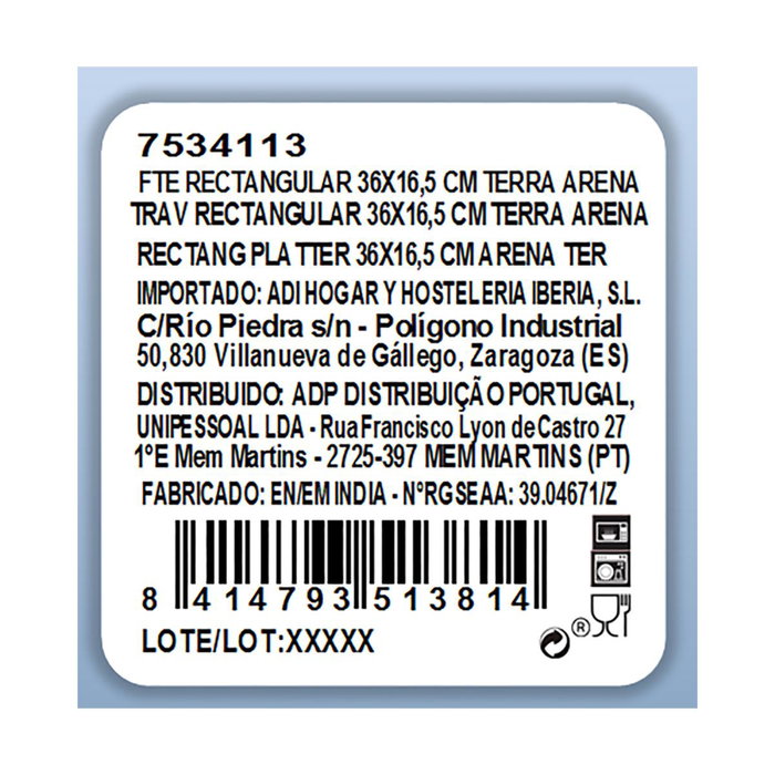 Fuente Rectangular Porcelana Terra Ariane 36x16,5 cm Fuente Rectangular Porcelana Terra Ariane 36x16,5 cm
