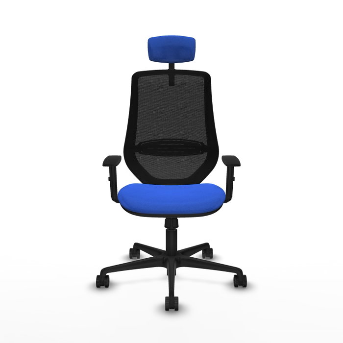 Silla de oficina Mardos con mecanismo Sincro tapizada con Tela color Azul y malla color Negro. Equipada con lumbar 1D, Brazos 1D, Cabecero 2D y Ruedas 65mm nailon