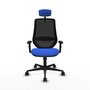 Silla de oficina Mardos con mecanismo Sincro tapizada con Tela color Azul y malla color Negro. Equipada con lumbar 1D, Brazos 1D, Cabecero 2D y Ruedas 65mm nailon