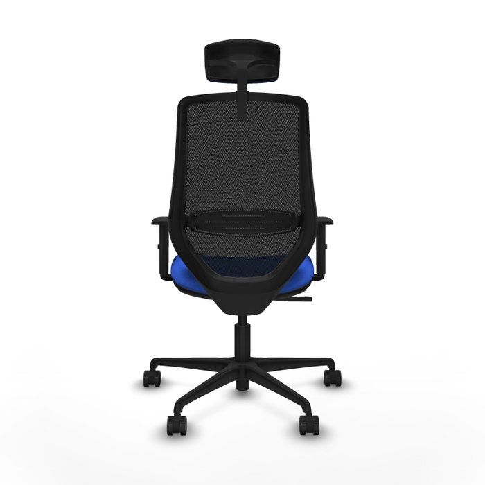 Silla de oficina Mardos con mecanismo Sincro tapizada con Tela color Azul y malla color Negro. Equipada con lumbar 1D, Brazos 1D, Cabecero 2D y Ruedas 65mm nailon