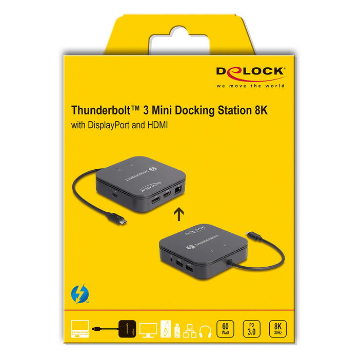 DeLOCK Mini Docking Station Thunderbolt 3 8K DisplayPort HDMI USB-C LAN Audio PD 3.0 60W HDR10 para Windows y Mac OS