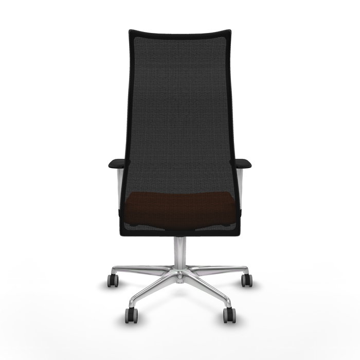 Sillón Albacete con mecanismo Sincro tapizada con Tela color Naranja y malla color Negro. Equipado con Base aluminio, Brazos 1D y Ruedas 65 mm parqué