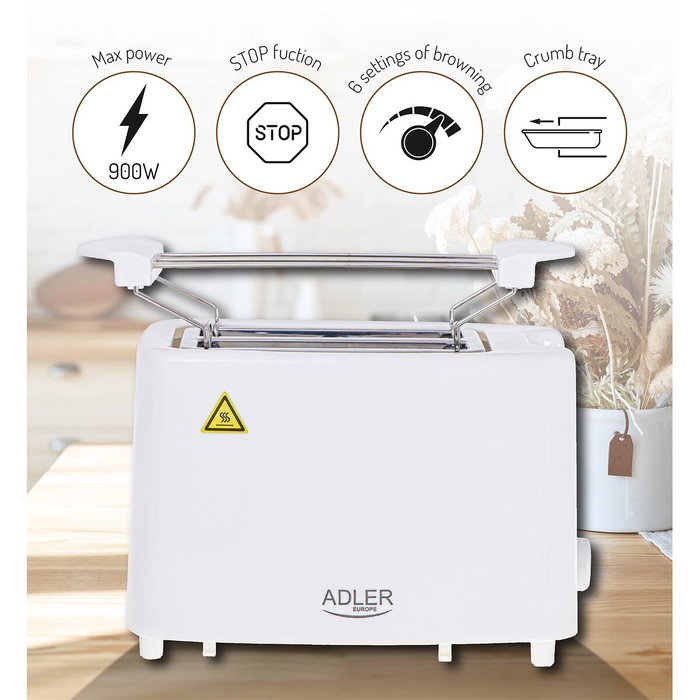 Adler Tostadora Ad 3223 de 2 ranuras, Blanca, 900 W Adler Tostadora Ad 3223 de 2 ranuras, Blanca, 900 W