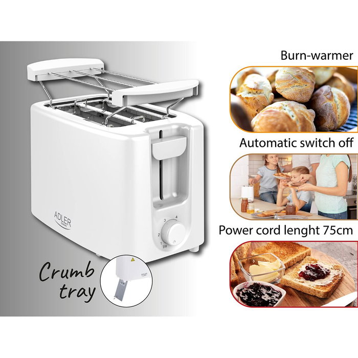 Adler Tostadora Ad 3223 de 2 ranuras, Blanca, 900 W Adler Tostadora Ad 3223 de 2 ranuras, Blanca, 900 W
