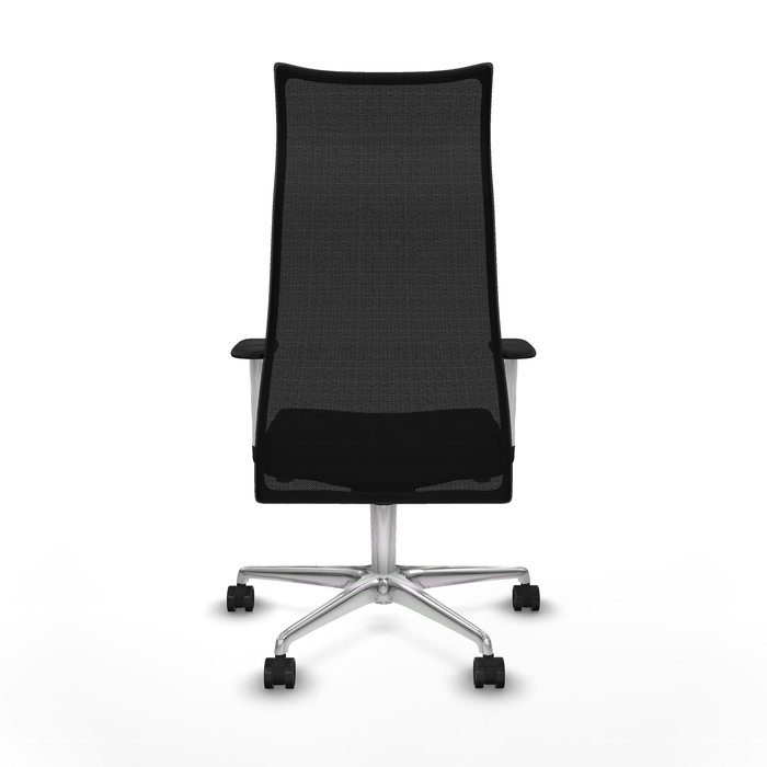 Sillón Albacete con mecanismo Sincro tapizada con Similpiel color Negro. Equipado con Base aluminio, Brazos 1D y Ruedas 65mm nailon