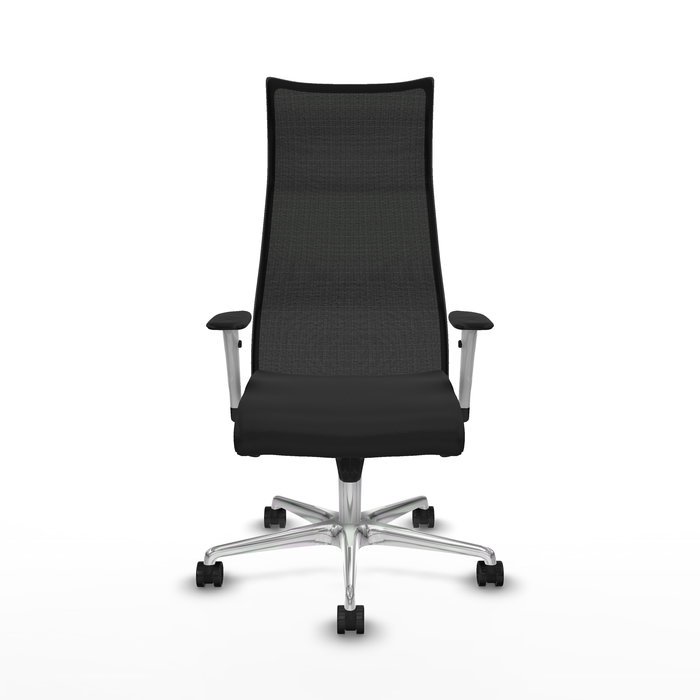 Sillón Albacete con mecanismo Sincro tapizada con Similpiel color Negro. Equipado con Base aluminio, Brazos 1D y Ruedas 65mm nailon