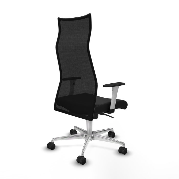 Sillón Albacete con mecanismo Sincro tapizada con Similpiel color Negro. Equipado con Base aluminio, Brazos 1D y Ruedas 65mm nailon