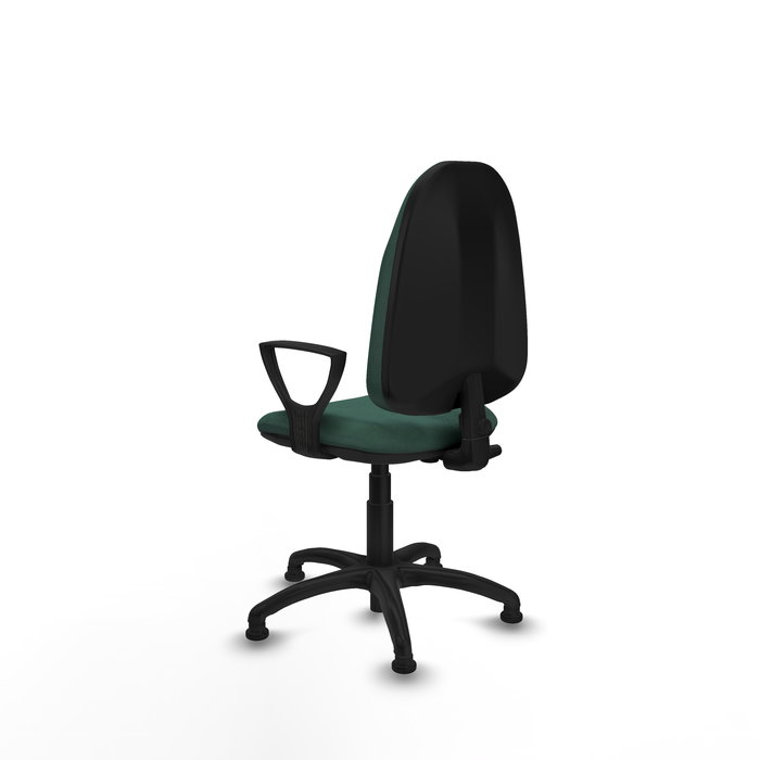 Silla de oficina Algarra con mecanismo Contacto permanente básico tapizada con Tela color Verde botella. Equipada con Base poliamida negra, Brazos fijosy Topes