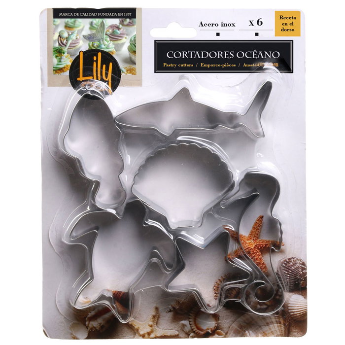 Lily Cook Juego de 6 Cortadores Océano: Concha, Pez, Tiburón, Caballito de Mar, Estrella, Tortuga Lily Cook Juego de 6 Cortadores Océano: Concha, Pez, Tiburón, Caballito de Mar, Estrella, Tortuga