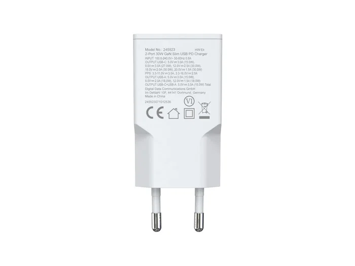 Equip 245523 Cargador GaN Slim 30W Blanco, 2 Puertos (USB-C PD3.0 + USB-A QC3.0), Universal AC, Protecciones