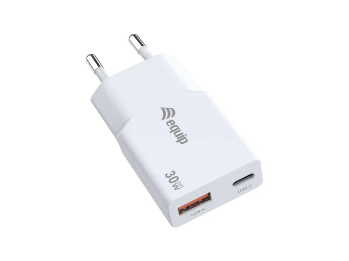 Equip 245523 Cargador GaN Slim 30W Blanco, 2 Puertos (USB-C PD3.0 + USB-A QC3.0), Universal AC, Protecciones