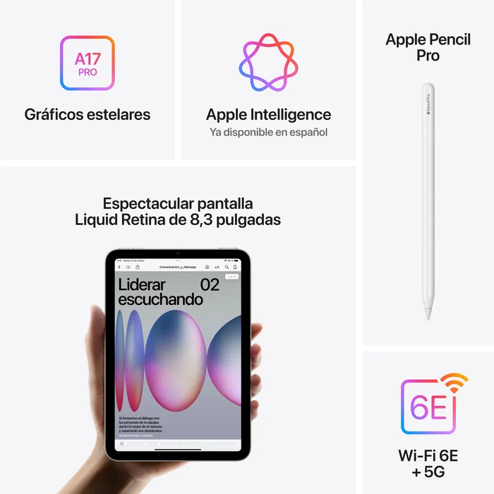 Apple iPad mini (7ª generación) 2024 - Tableta 8.3" Liquid Retina, Wi-Fi + 5G, 128 GB, A17 Pro, iPadOS 18, Gris Espacial