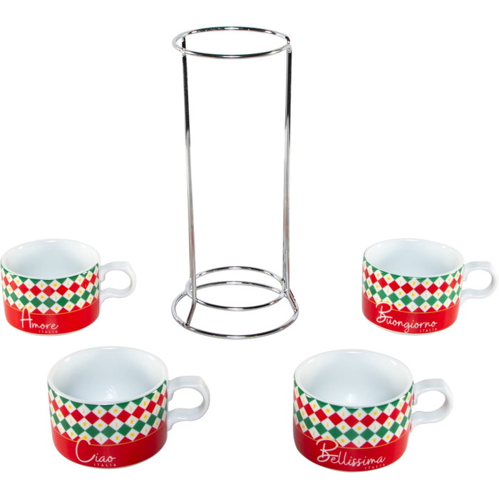 Bialetti 4 Cappuccio Tricolore - Set de 4 tazas de cappuccino con soporte Bialetti 4 Cappuccio Tricolore - Set de 4 tazas de cappuccino con soporte