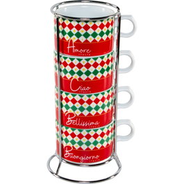 Bialetti 4 Cappuccio Tricolore - Set de 4 tazas de cappuccino con soporte