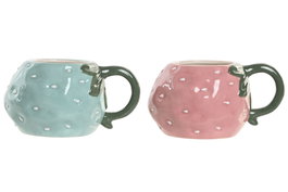 DKD Home Decor Set de 2 Tazas de Gres con Diseño de Fresa en Relieve, 400 ml