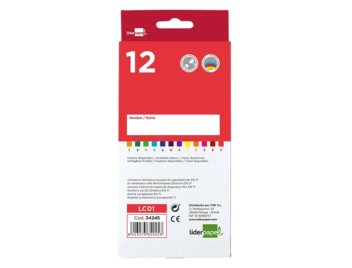 Liderpapel Lápices de Colores Caja de 12 Unidades Colores Surtidos, Mina Extrarresistente, Escritura Suave