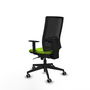 Silla de oficina Horna con mecanismo Sincro tapizada con Similpiel color Pistacho y malla color Negro. Equipada con lumbar 1D, Brazos 1D y Ruedas 65 mm parqué