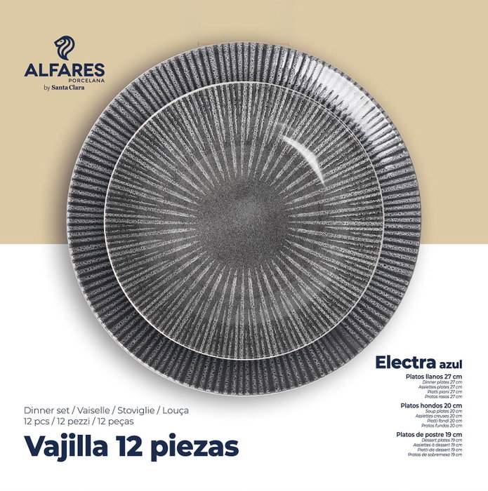Santa Clara Vajilla "Electra" de 12 piezas en color grafito - Plato llano 27 cm, plato hondo 20,3 cm, plato postre 19,4 cm (2 Unidades)
