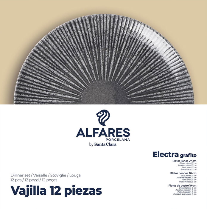 Santa Clara Vajilla "Electra" de 12 piezas en color grafito - Plato llano 27 cm, plato hondo 20,3 cm, plato postre 19,4 cm (2 Unidades)