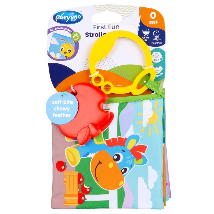 Playgro Libro de Actividades para Bebé en Cochecito Multilingüe 0189056 con Mordedor y Clip