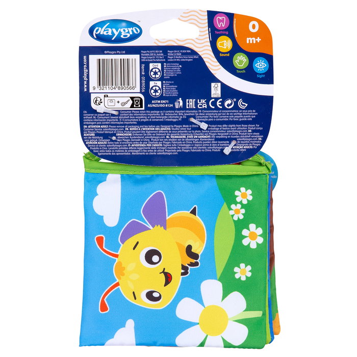Playgro Libro de Actividades para Bebé en Cochecito Multilingüe 0189056 con Mordedor y Clip