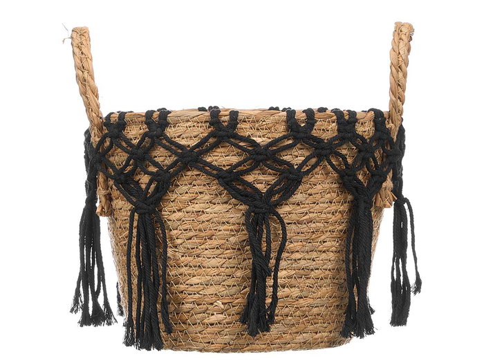 Giftdecor Macetero Colgante de Mimbre y Macramé Negro Pequeño 25x29x25 cm (Set de 8)