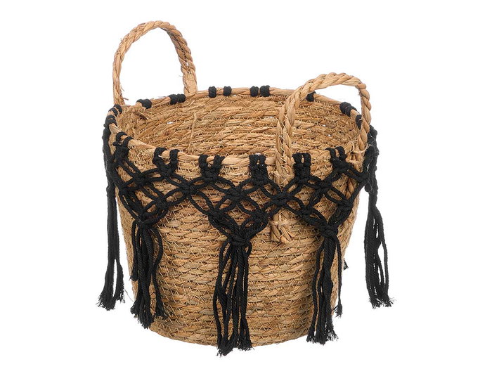 Giftdecor Macetero Colgante de Mimbre y Macramé Negro Pequeño 25x29x25 cm (Set de 8)