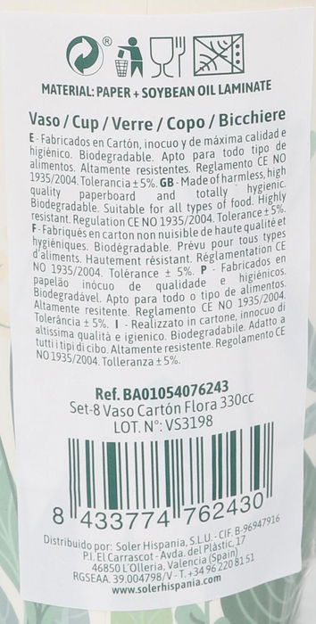 Algon Set 8 Vasos Cartón Flora 330 cc (9x11cm) (18 Unidades)