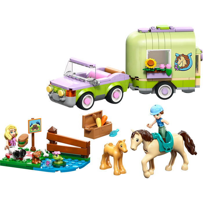 LEGO 42695 Friends Remolque Para Caballo y Potrillo - Juego de Construcción con 2 Minipersonajes, Caballo, Potro, Cachorro y Rana