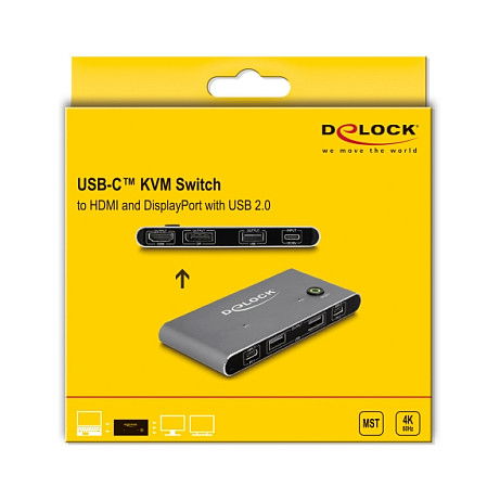 DeLOCK Conmutador KVM USB-C a HDMI y DisplayPort 8K MST con USB 2.0 y 3.2, Resolución 7680 x 4320, 144 Hz, Plug and Play, Color Antracita
