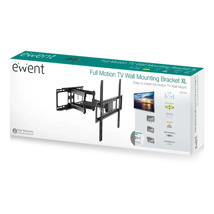 Ewent EW1526 Soporte de Pared para TV Multidireccional, Giratorio e Inclinable, Compatible con TVs Curvas 37-70" y VESA 75/100/200/300/400/600 mm, Negro